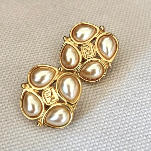 FENDI Gold and Ivory Pearl Stud Earrings - Picture 1 of 9